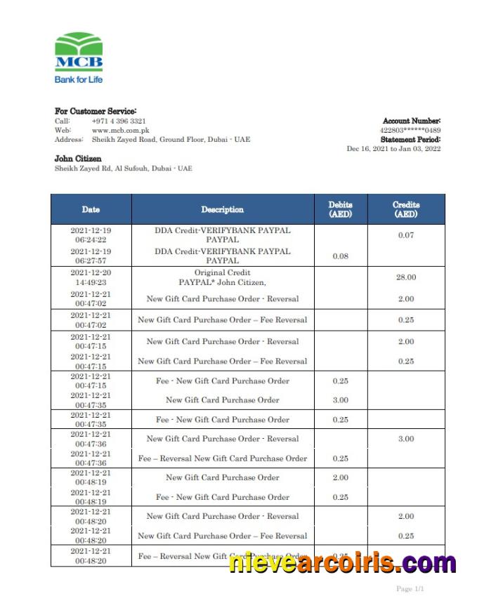 UAE MCB bank statement